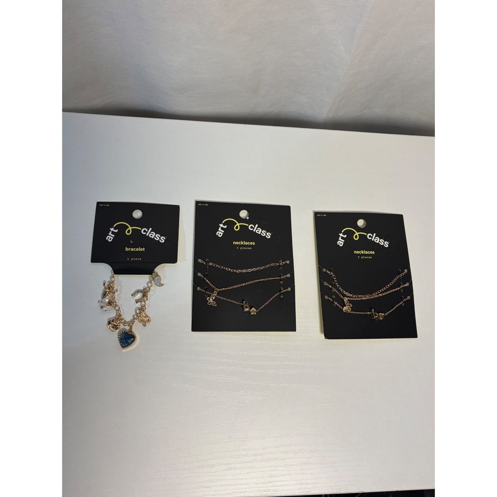 Art Class Kids Jewelry Bundle Gold Tone Charm Bracelet and 2 Necklace Sets L